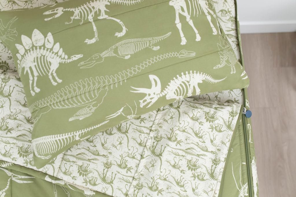 Beddys Nod  Winks, Kids Zipper Bedding Set, Twin Size Bedding Mattress Cover, Sheets and Zipper Comforter Set, Fossils Zipper Bedding, Green 3 Piece Bedding Set