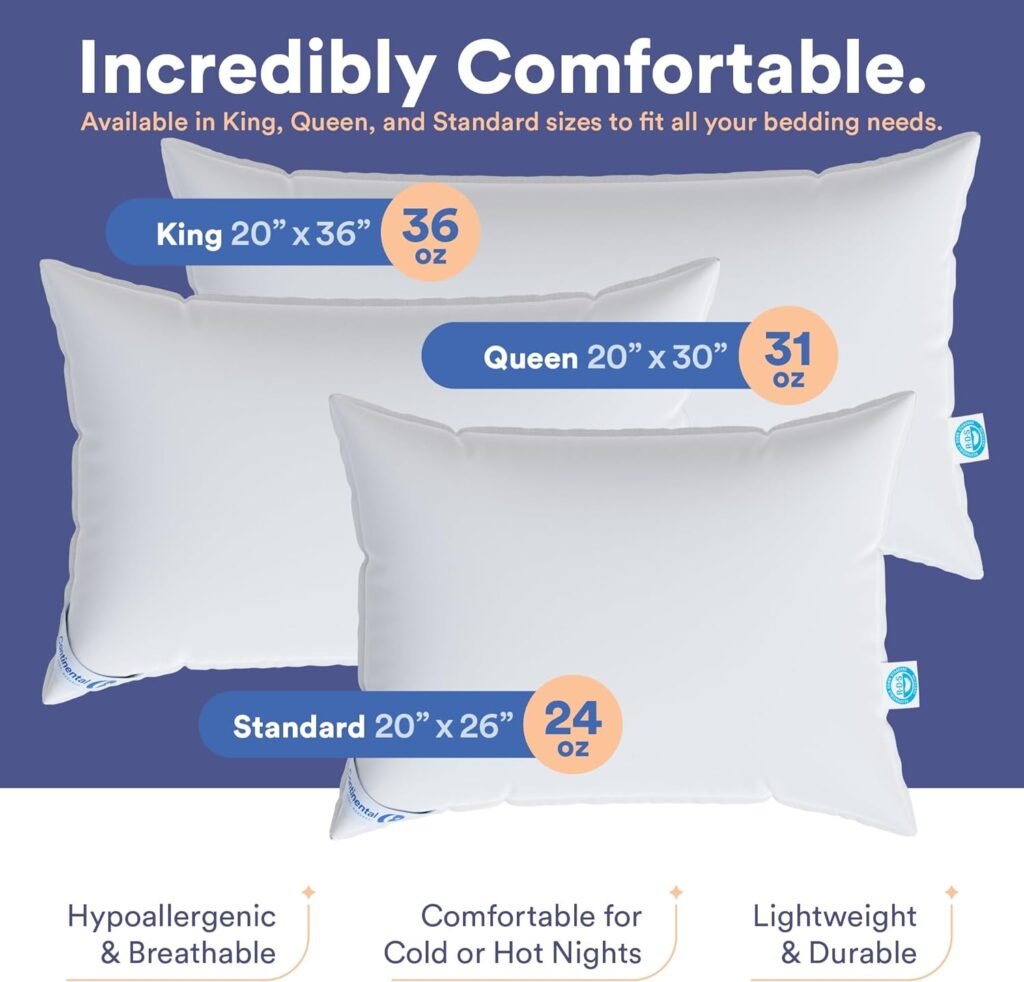 Continental Bedding 100% Luxury Down Pillows King Size Set of 2 - Family Made in New York - Breathable Bed Pillows for Sleeping, Back, Side, Stomach Sleepers - 550FP Medium Firmness and Loft