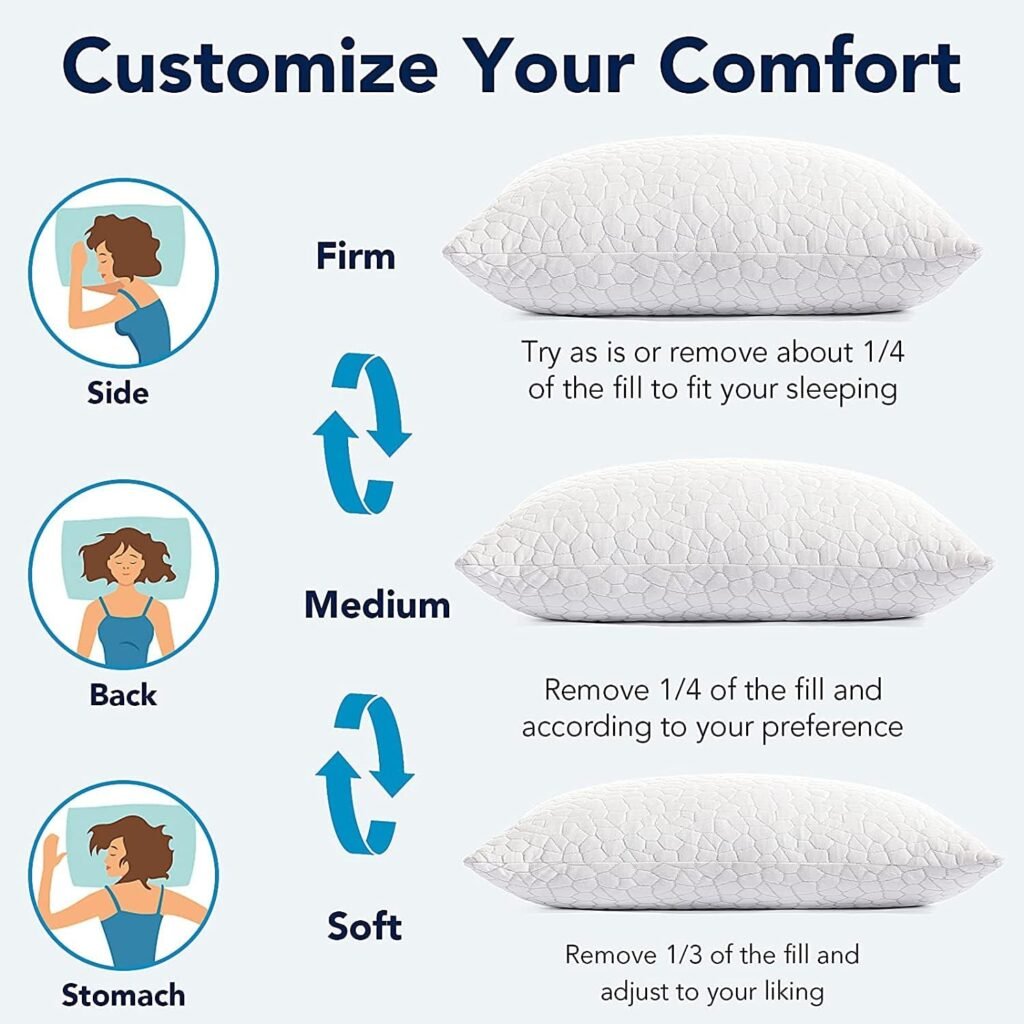 Cooling Gel Pillows for Sleeping, Shredded Memory Foam Pillows 2 Pack, Bed Pillows Queen Size Set of 2, Firm Pillow for Side and Back Sleepers Adjustable Bamboo Pillow with Cooling Removable Cover