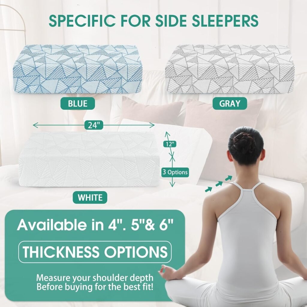 Cube Pillow for Side Sleeper (24x12x4, Thin), Memory Foam Pillows Neck Support Pillows for Sleeping, Rectangle Pillows for Neck Pain with Bamboo Cover - Square Cervical Pillows|White