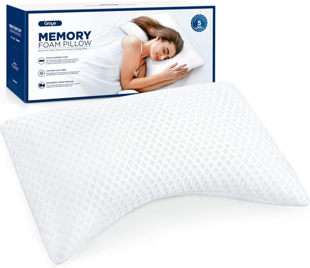 Groye Cooling Side Bed Pillow - Neck Pillows for Pain Relief, Ergonomic Contour Memory Foam -Back and Shoulder Support, Odorless Cervical for Sleeping with Washable Pillowcase