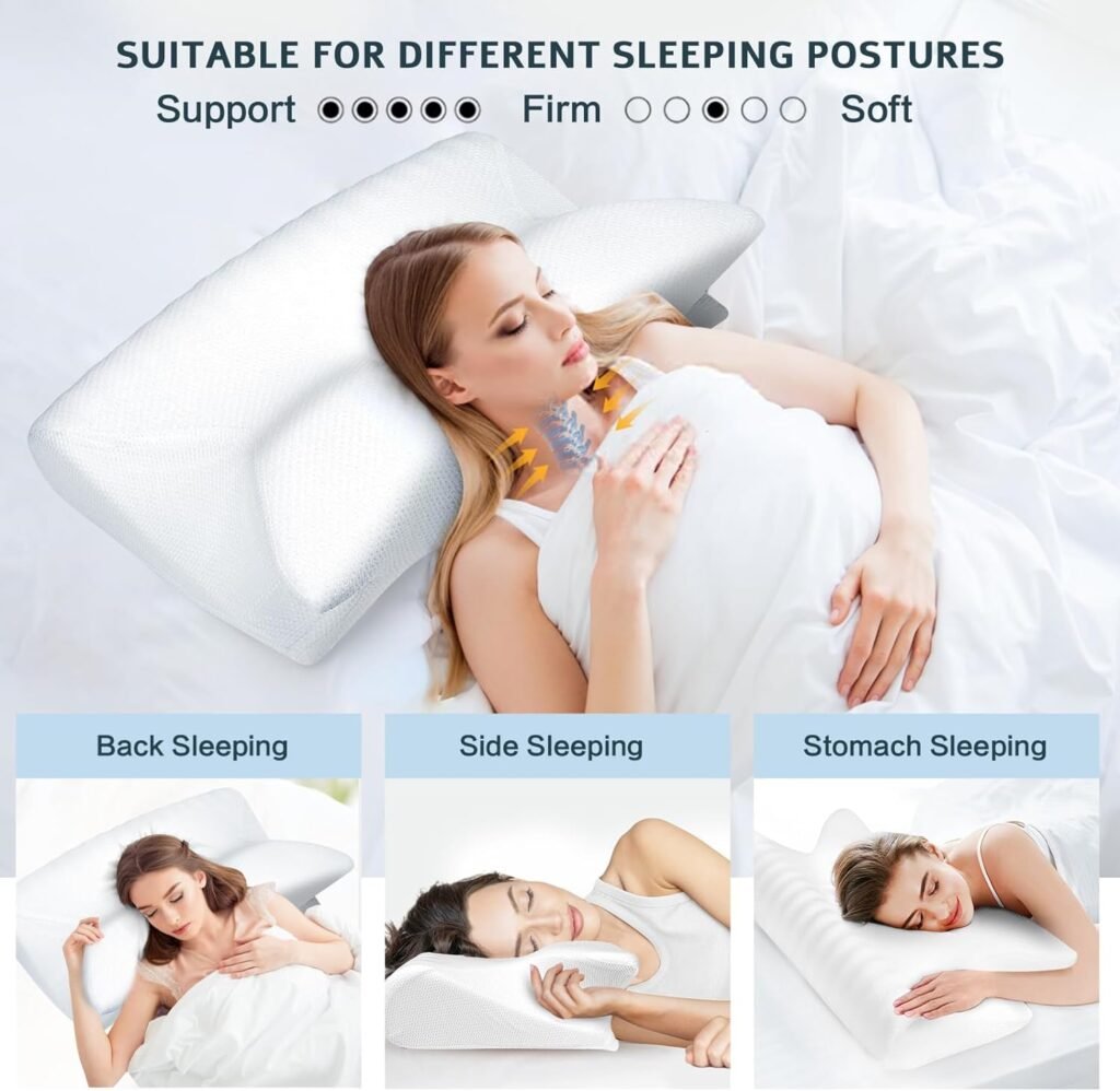 Hexus Cervical Pillow for Neck Pain Relief, Ergonomic Hollow Design, Odorless Memory Foam Pillow for Sleeping, Orthopedic Contour Neck Support Pillows for Side, Back, and Stomach Sleepers, White