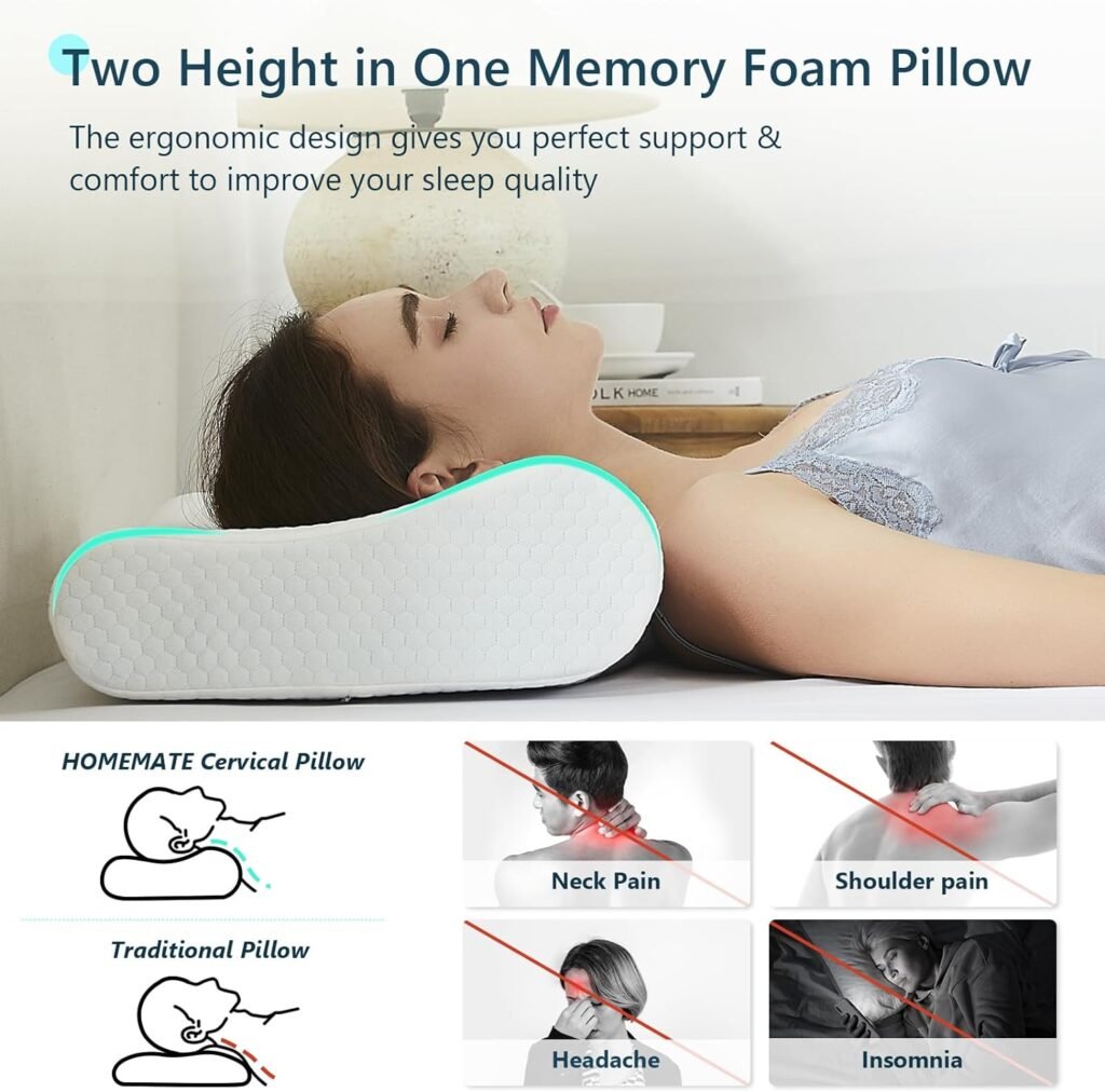 Homemate Neck Pillow Memory Foam Pillows - Ergonomic Pillow for Neck Shoulder Pain Relief Bed Pillow for Sleeping Orthopedic Cervical Pillow Support for Side Back Stomach Sleeper-Queen Size