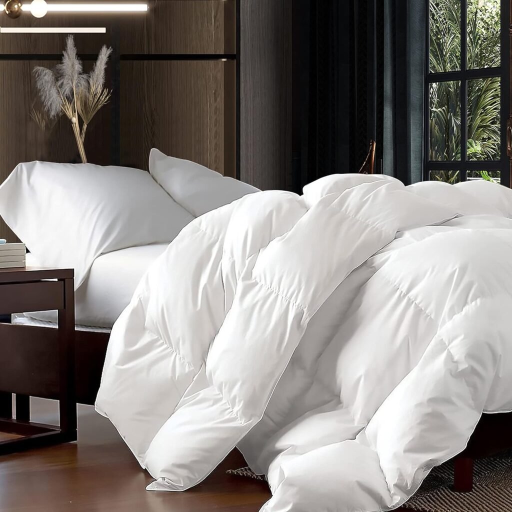 Luxurious Palatial King/Super King 120 x 98 Goose Down Fiber Comforter Down Feather Fiber Duvet, 100% Egyptian Cotton Cover, 80 oz. Fill Weight, Baffle Box Design, White Solid