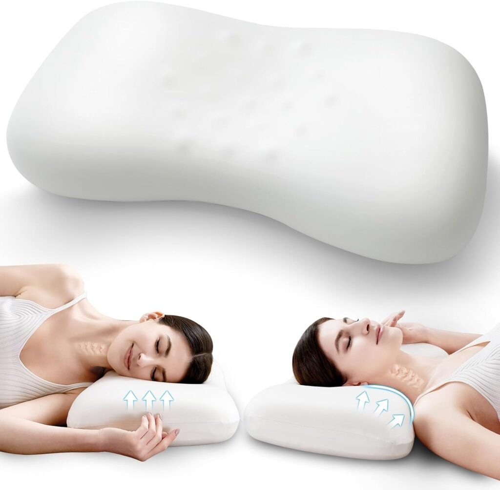 Memory Foam Pillow for Bed Sleeping Ergonomic Contour Design for Side  Back  Stomach Sleepers, Cervical Shape Pillow Gently Cradles Head  Provides Neck Support  Shoulder Pain Relief | White