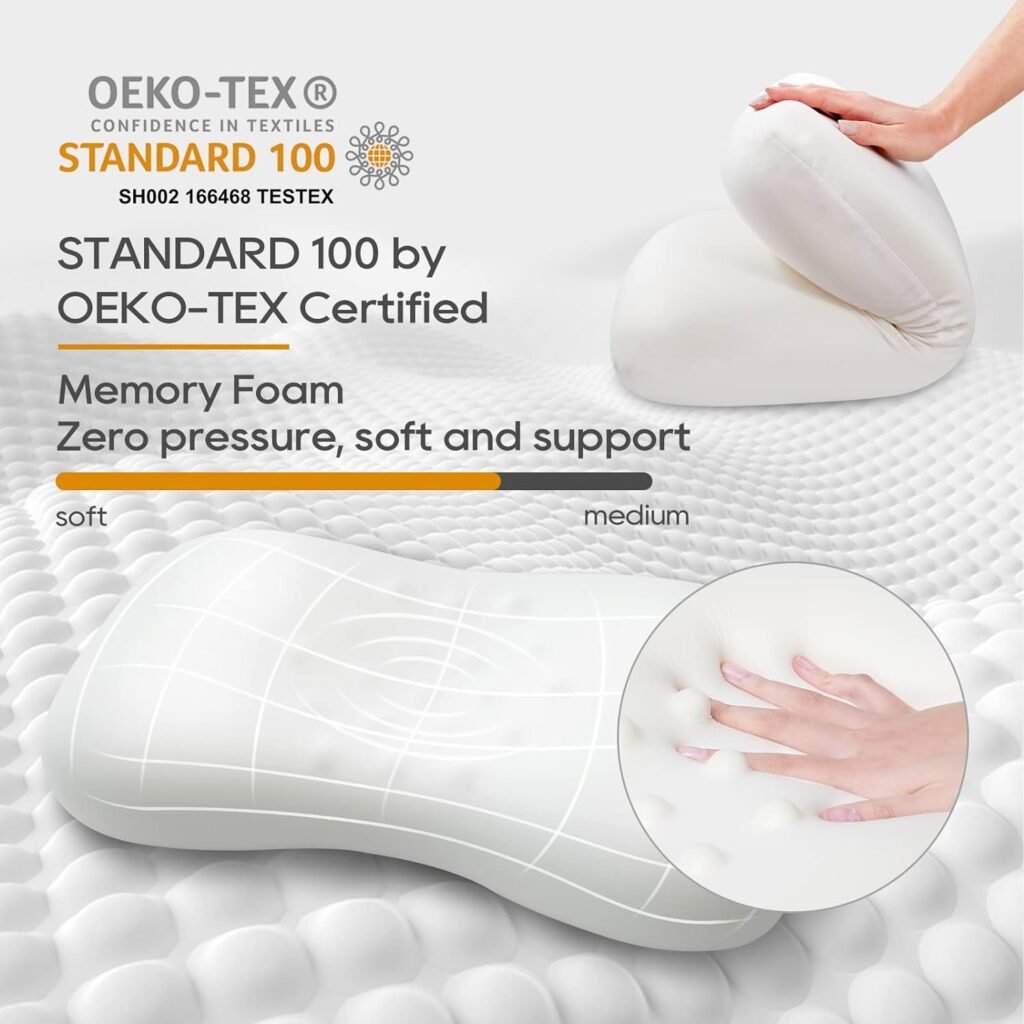 Memory Foam Pillow for Bed Sleeping Ergonomic Contour Design for Side  Back  Stomach Sleepers, Cervical Shape Pillow Gently Cradles Head  Provides Neck Support  Shoulder Pain Relief | White