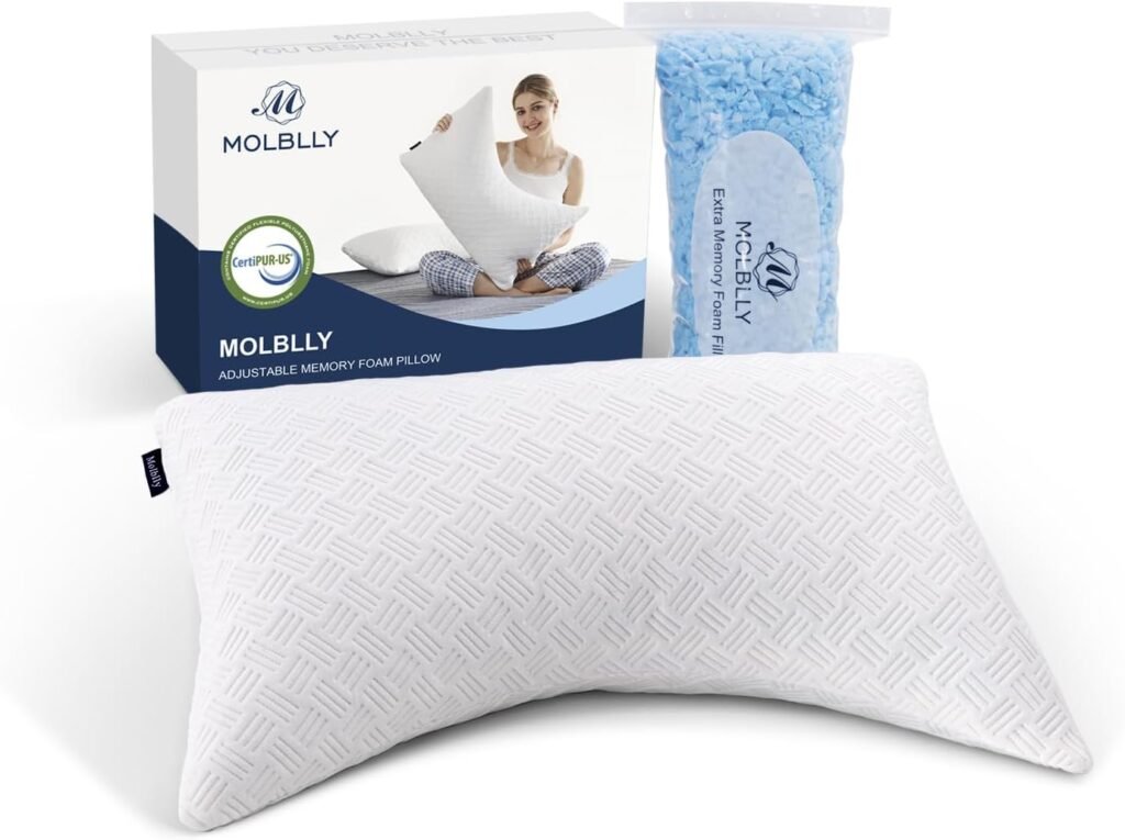 Molblly Pillow for Side and Back Sleepers, Adjustable Memory Foam Pillow, Suitable for Neck and Shoulder Pain, with Additional Foam Bag, Washable Hypoallergenic Cover, Queen Size Pillows (20x30in)