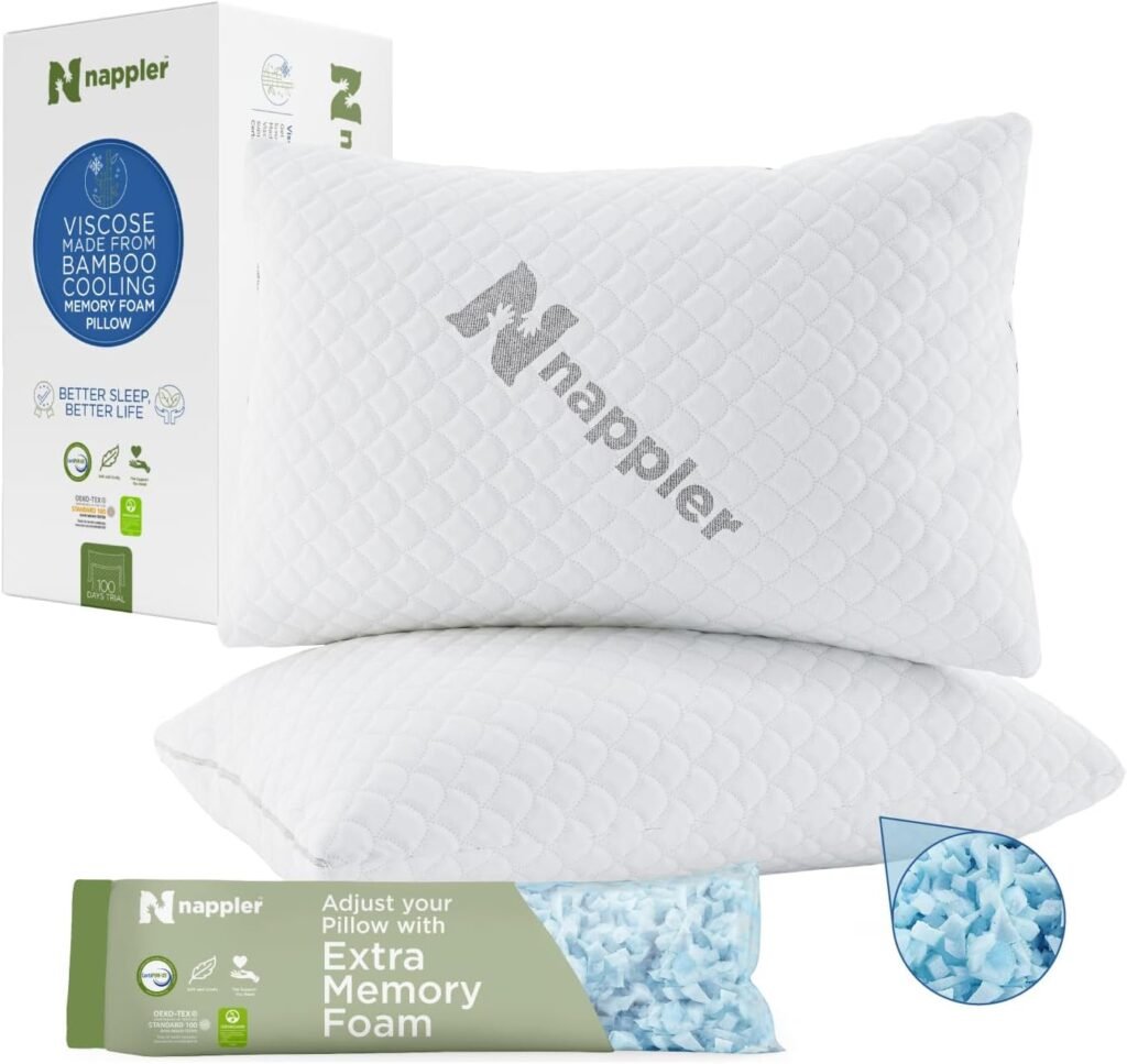 Nappler Side and Back Sleeper Pillow for Neck and Shoulder Pain Relief - Shredded Memory Foam Bed Pillow for Sleeping - 100% Adjustable Fill - Queen Size - Modal Washable Case. Extra Fill Included