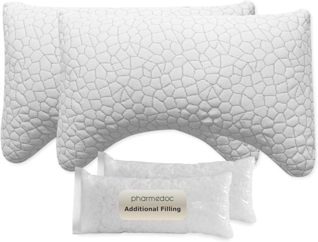 Pharmedoc Memory Foam Pillows - Side Sleeper Pillow - Curved Pillow - Arched - Neck Pillow for Pain Relief - Queen Bed Pillow 2 Pack - Adjustable Shredded Memory Foam
