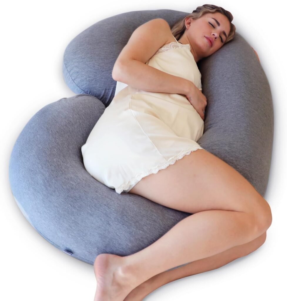 Pharmedoc Pregnancy Pillows XL J Shape Body Pillow Cooling Cover Grey, Full Body Pregnancy Pillow for Sleeping, Maternity Pillow, Pregnancy Must Haves, Side Sleeper Pillow, Nursing, Baby Shower