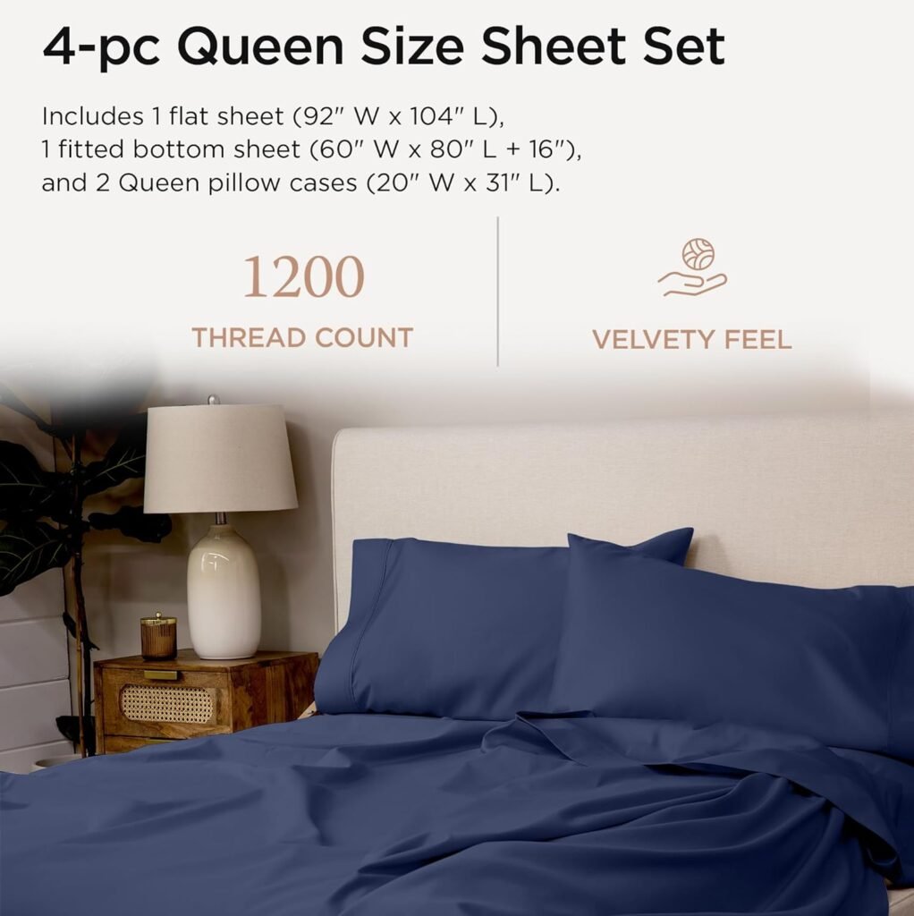 Threadmill Luxury Supima Cotton Sheets, 1200 Thread Count 100% Cotton Sheets for King Size Mattress, 4 Pc White King Size Sheets Set, 5-Star Hotel Quality with Elasticized Deep Pocket King Sheets