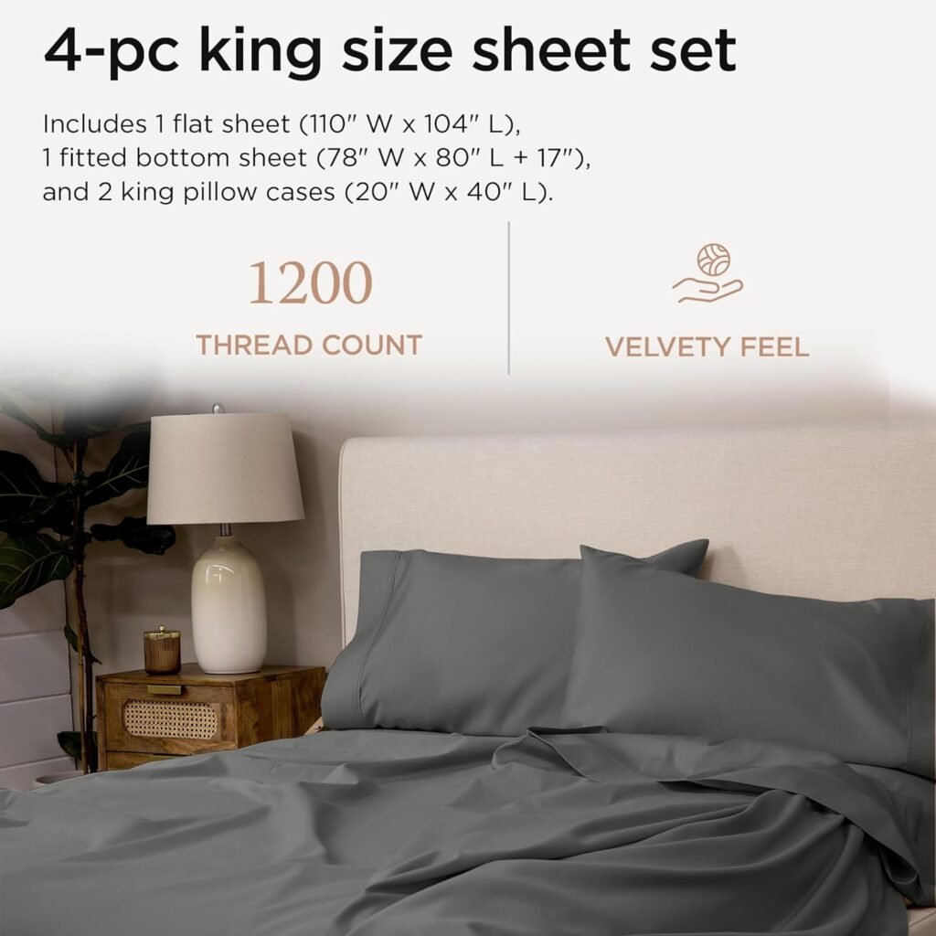 Threadmill Luxury Supima Cotton Sheets, 1200 Thread Count 100% Cotton Sheets for King Size Mattress, 4 Pc White King Size Sheets Set, 5-Star Hotel Quality with Elasticized Deep Pocket King Sheets