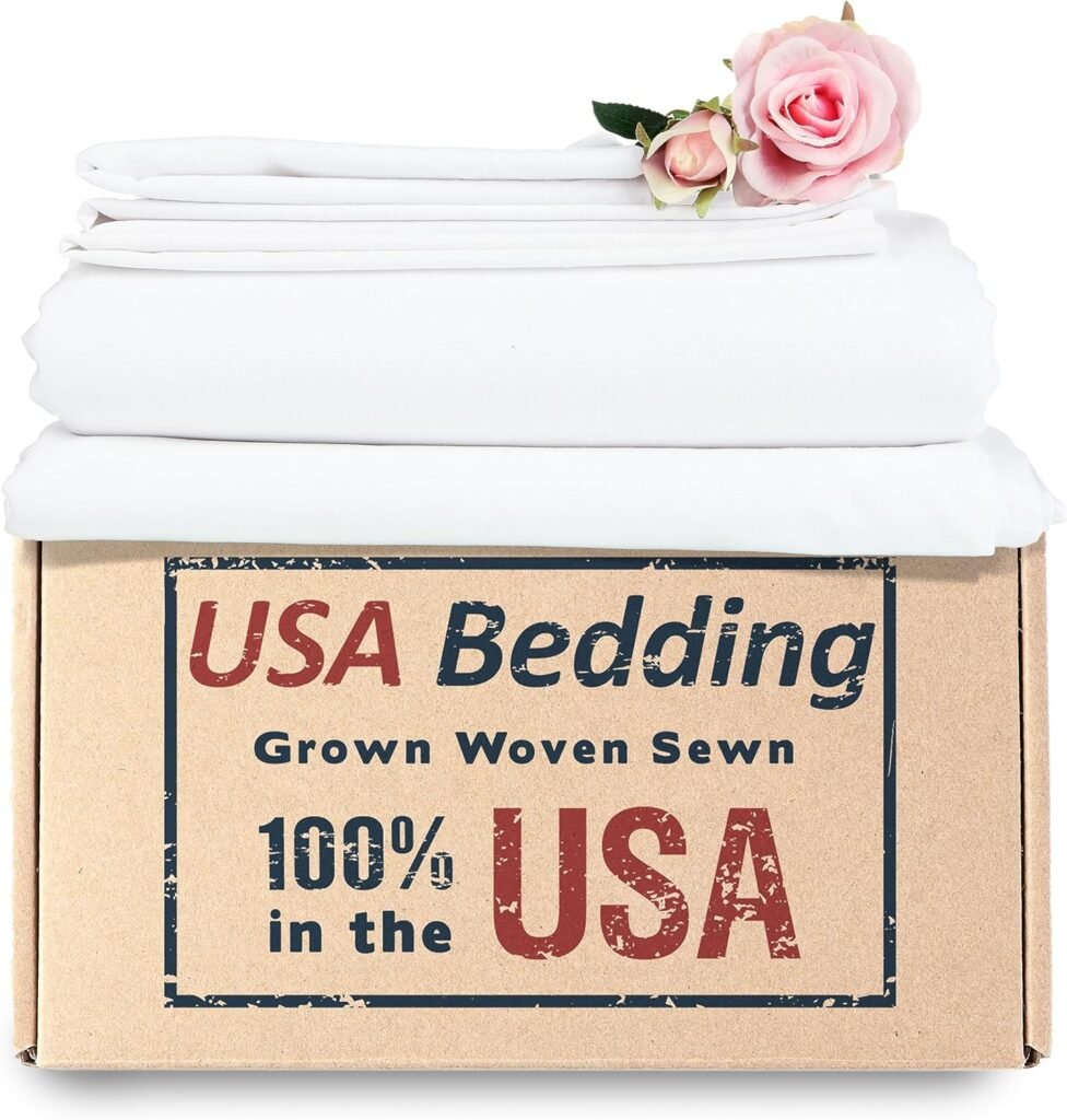 USA BEDDING Sheet Sets 100% Made in America. Hotel Quality, Luxury Percale. White, 4 Piece King. Deep Pocket Fitted, Flat Sheet, 2 King Pillowcases. Soft Cool Comfortable