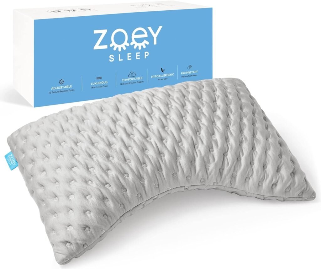 Zoey Sleep Side Sleep Pillow for Neck and Shoulder Pain Relief - Adjustable Memory Foam Bed Pillows for Sleeping - Plush Machine Washable Pillow Cover - Queen Size 19 x 29 (Queen, Grey)
